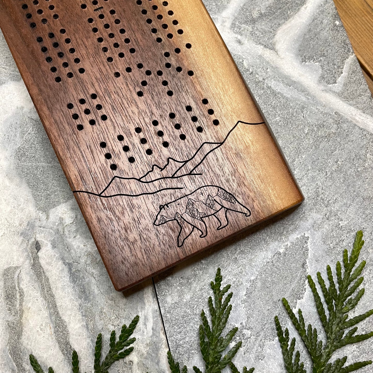 Black Bear with Mountains Live Edge Black Walnut Cribbage Board