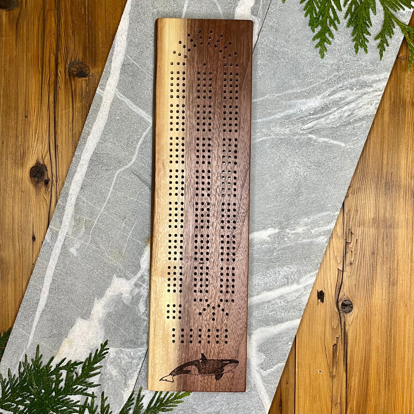 Orca Live Edge Black Walnut Cribbage Board