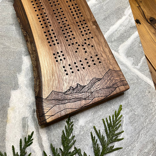 Mountain Skyline Live Edge with Bark Black Walnut Cribbage Board