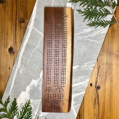 Black Bear with Mountains Live Edge Black Walnut Cribbage Board