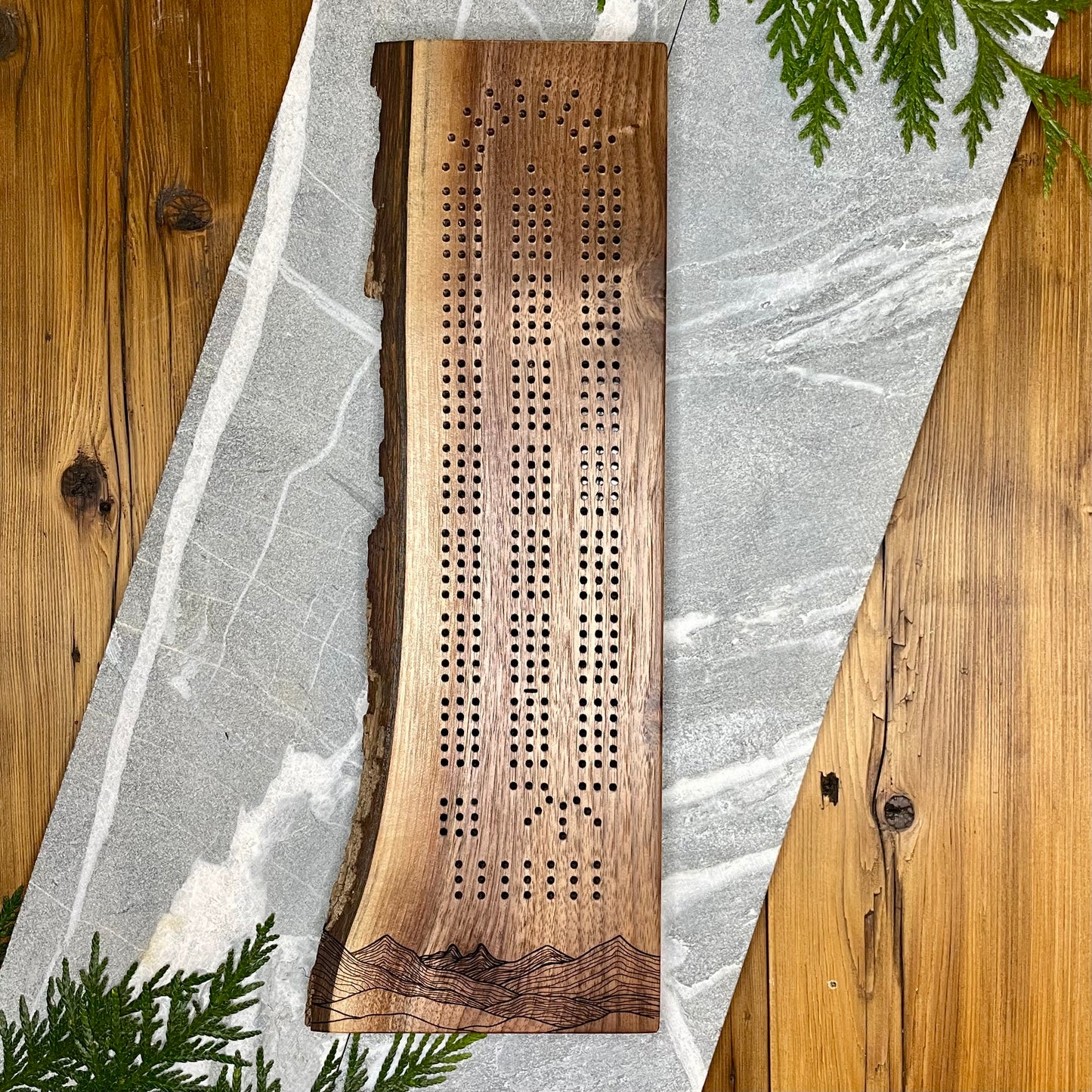 Mountain Skyline Live Edge with Bark Black Walnut Cribbage Board